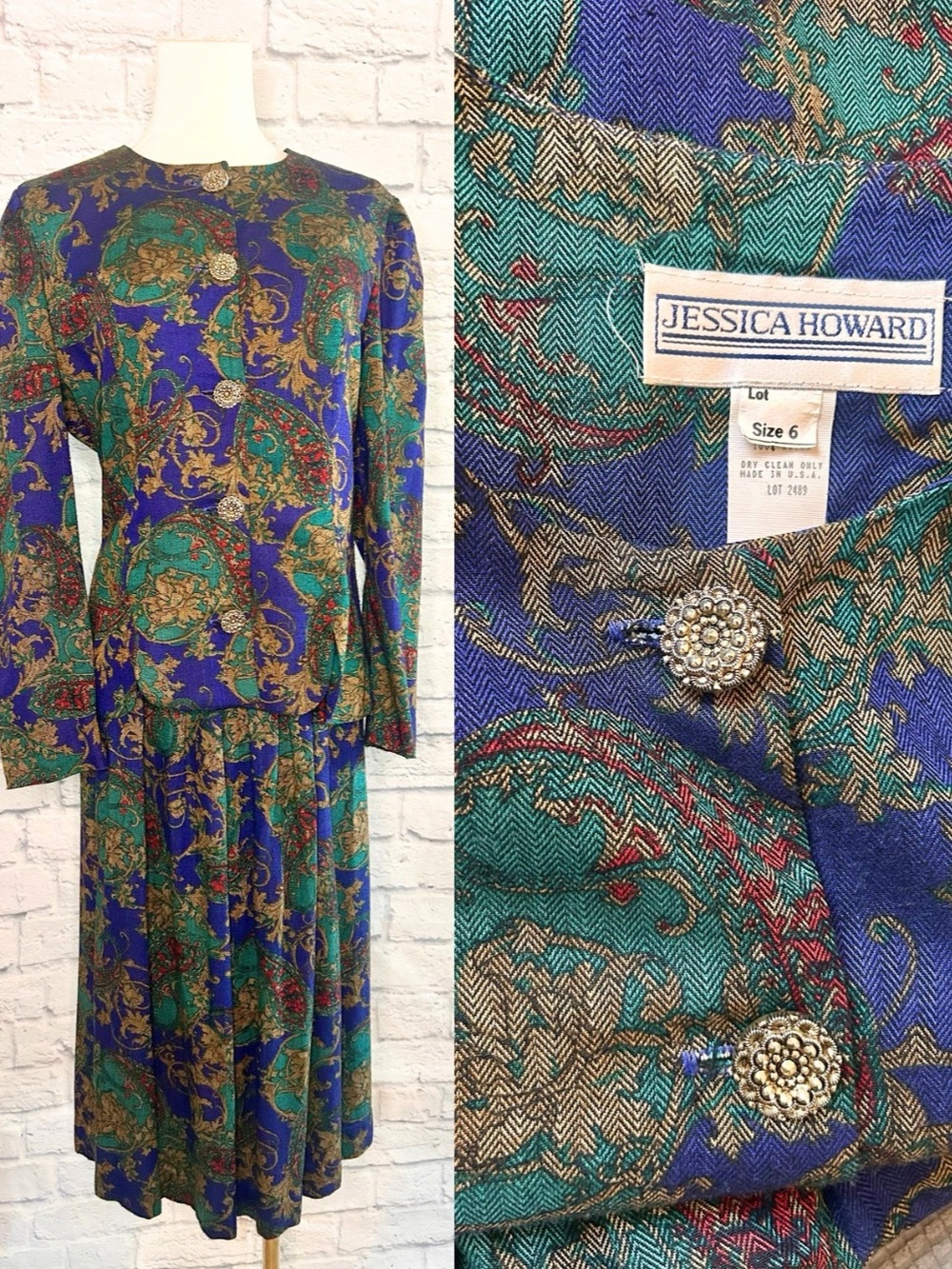 Vintage Jessica Howard Fall Blouse Skirt Set 2 Piece Paisley Green Navy 1980s